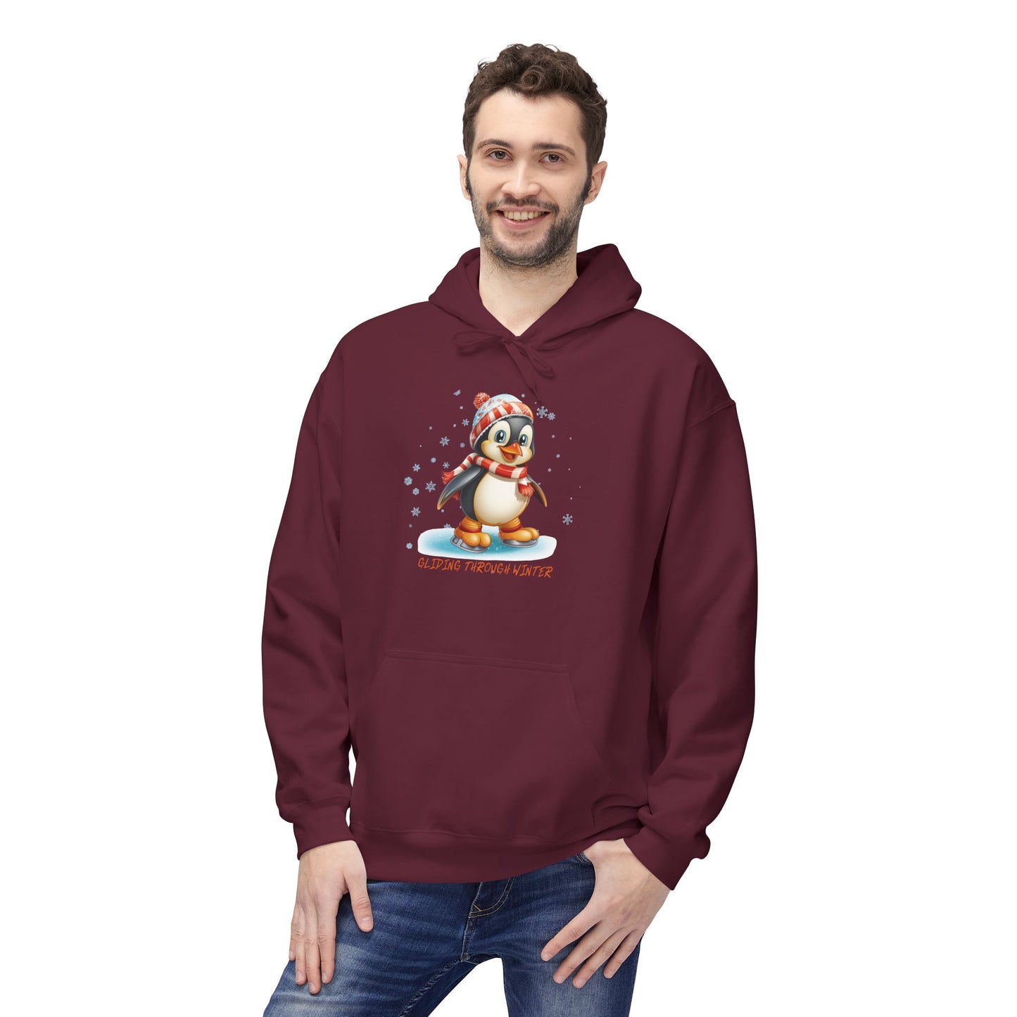 Gliding Through Winter Hoodie – Cute Penguin Ice Skating Streetwear