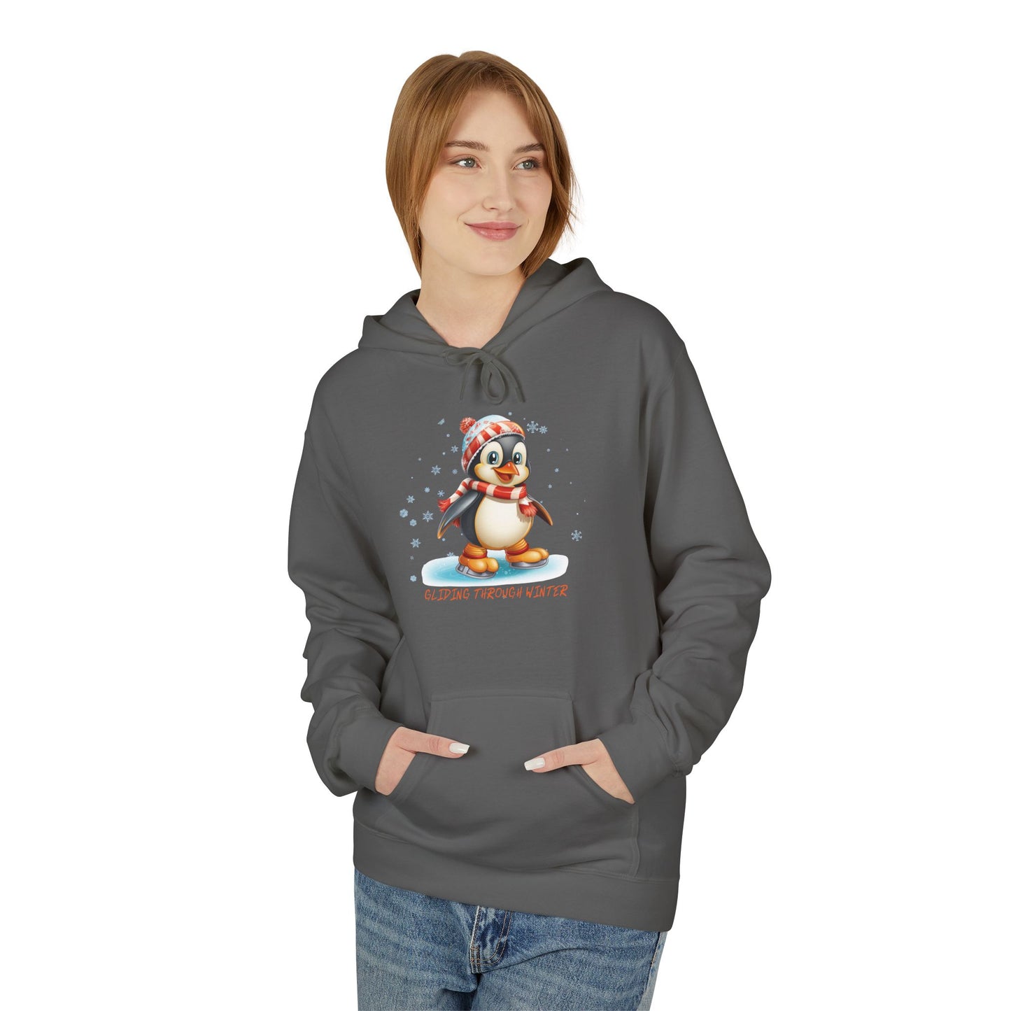 Gliding Through Winter Hoodie – Cute Penguin Ice Skating Streetwear