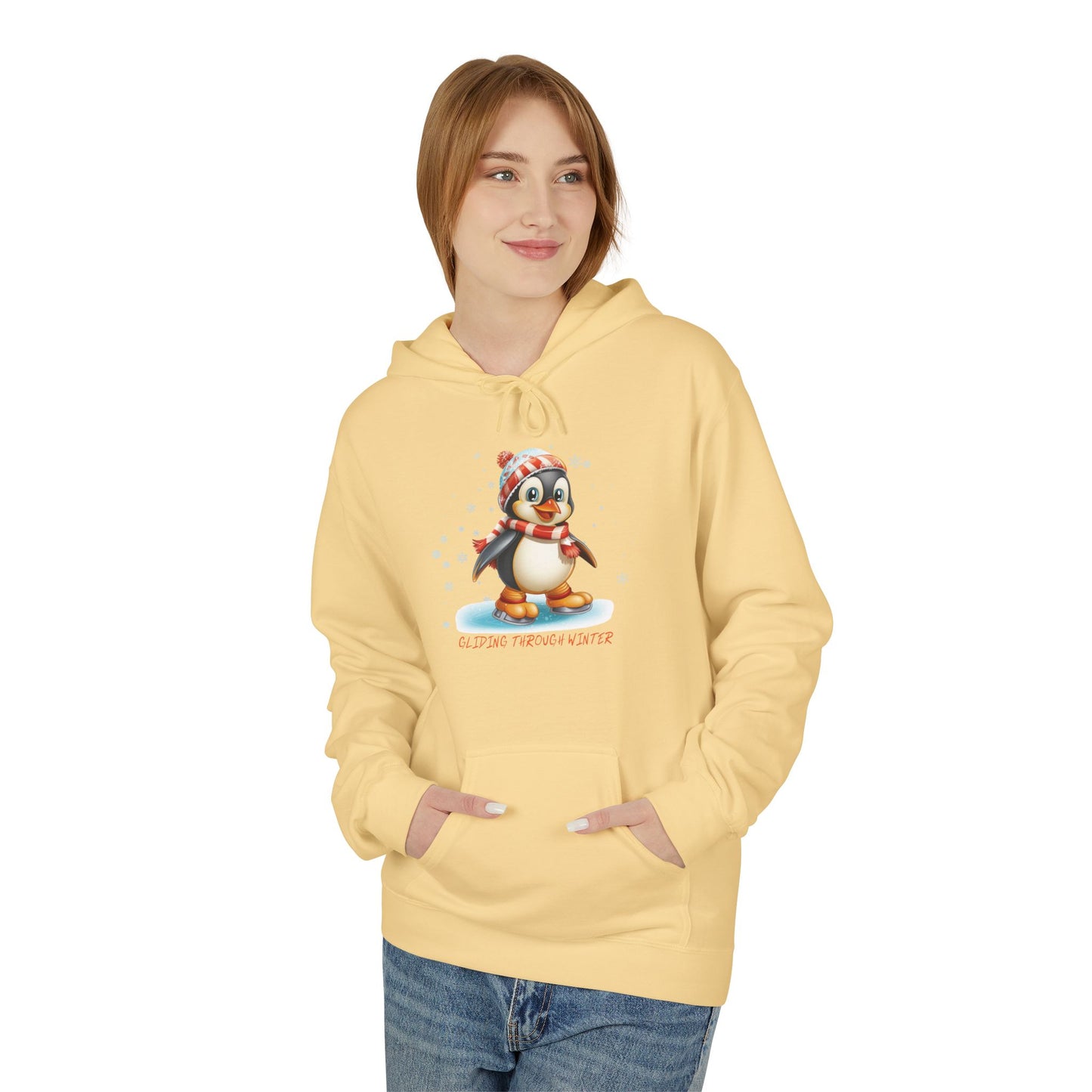 Gliding Through Winter Hoodie – Cute Penguin Ice Skating Streetwear