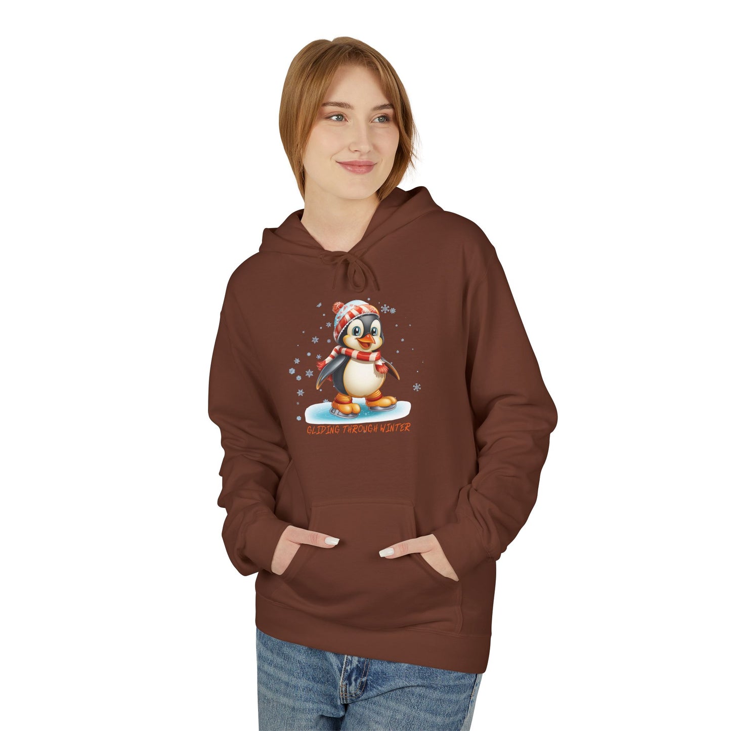 Gliding Through Winter Hoodie – Cute Penguin Ice Skating Streetwear